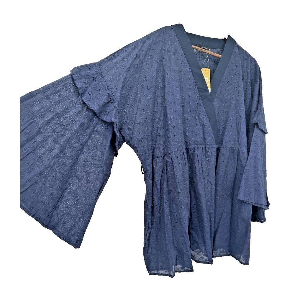 Suzanne Betro Plus 4X Blue Eyelet Blouse NWT Flare Sleeve ruffle Cottagecore